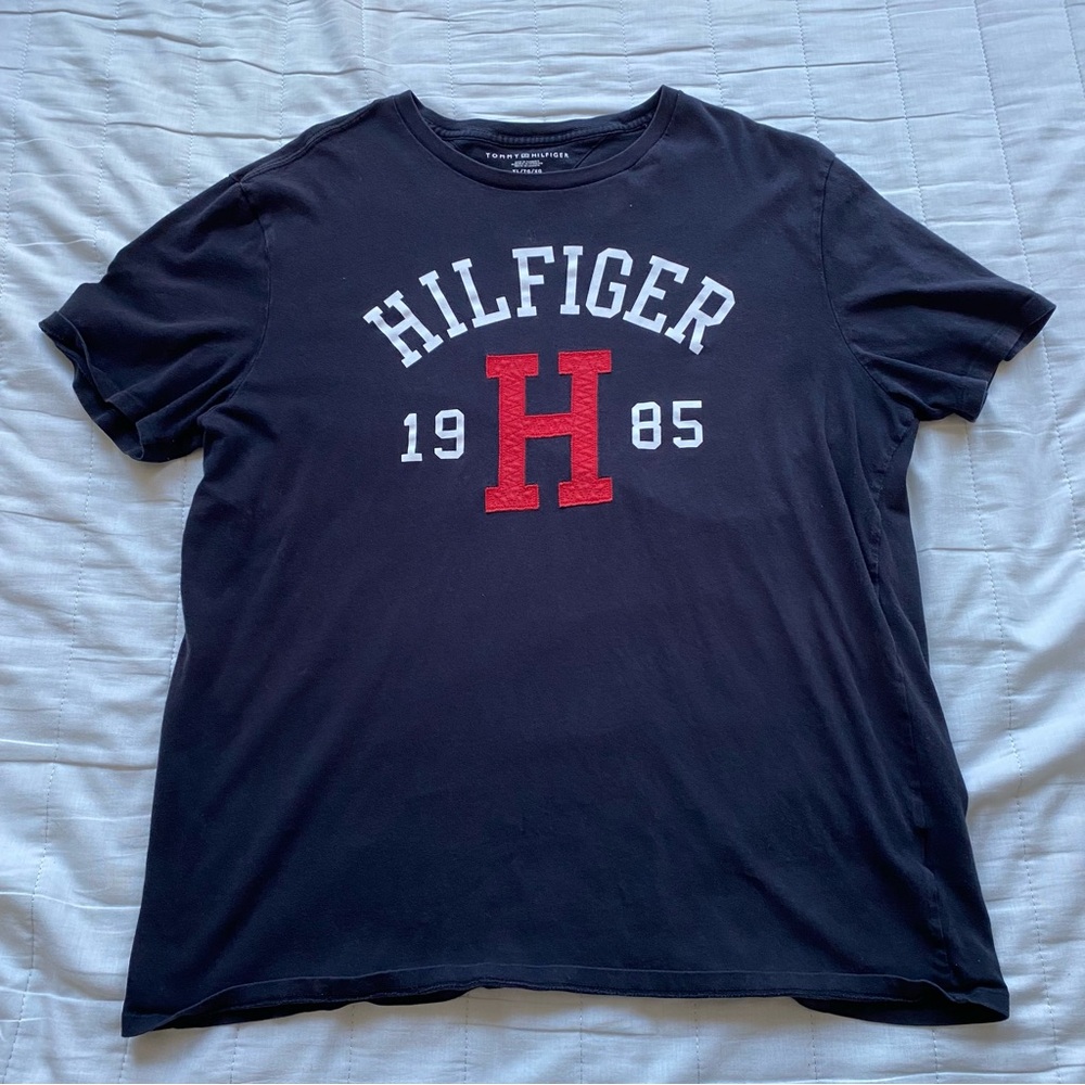Tommy Hilfiger Black Tee with Red 'H' Graphic and White Lettering